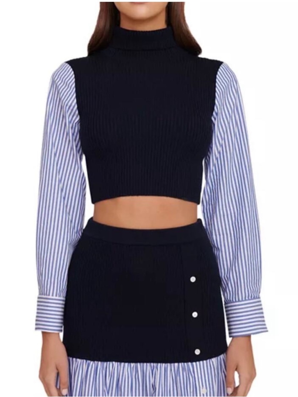 Staud Louisa Blue Mixed Media Cropped Merino Wool Sweater Top - Size Medium